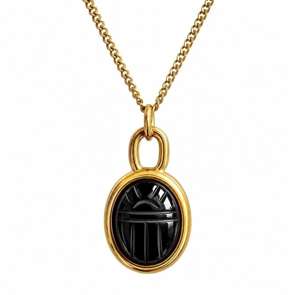 Vintage Black Gold Scarab Necklace Genuine Stone Beetle Pendant 1970s
